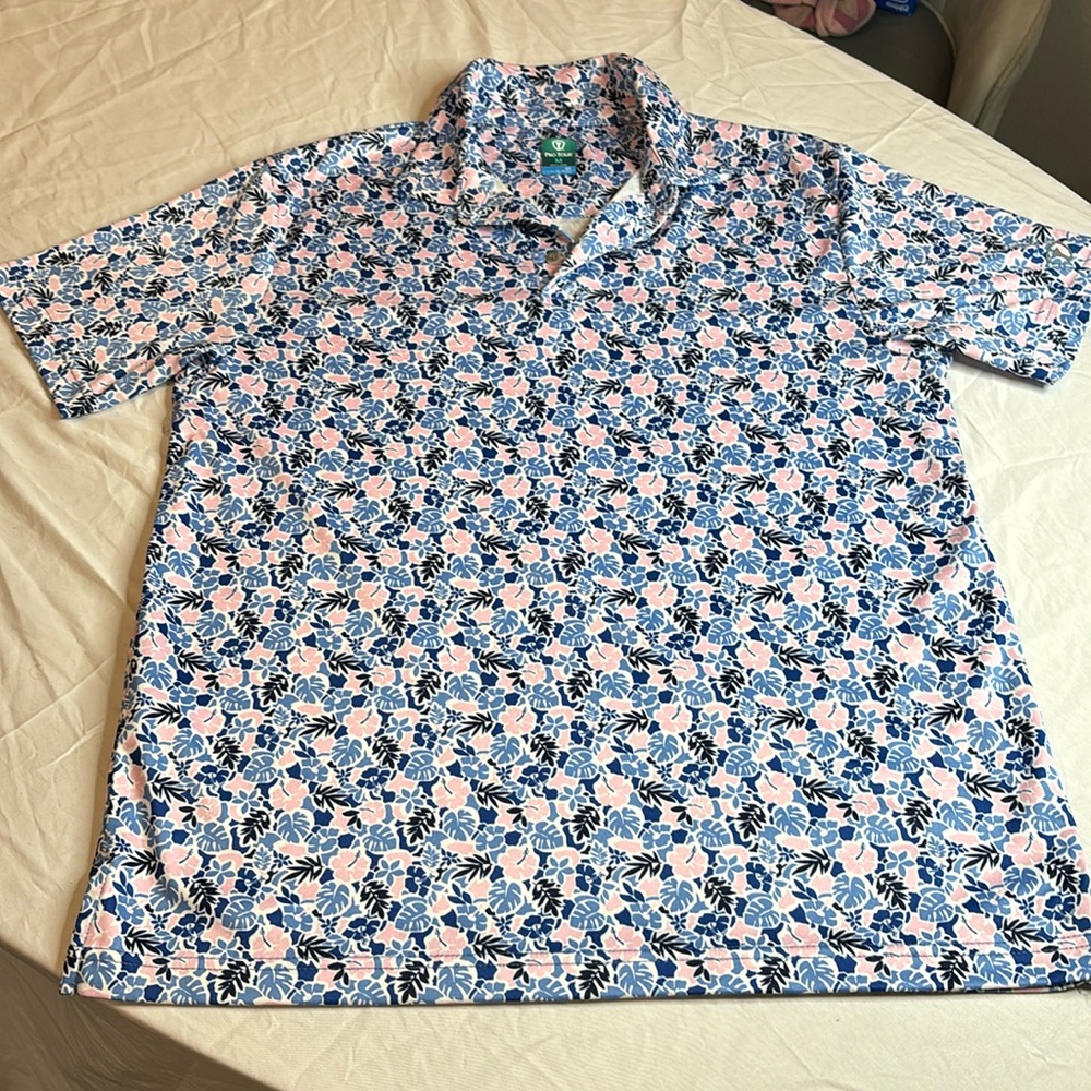 Men’s Pro Tour Coolplay Pink & Blue Floral High End Print Golf Shirt Size Medium